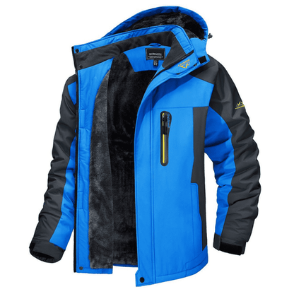 Blaue Herren-Skijacke, wasserdicht, winddicht, mit Kapuze und Reißverschlusstasche.
