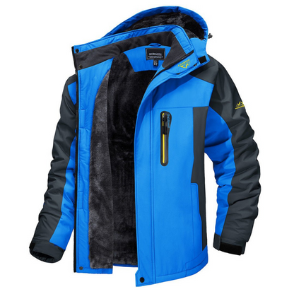 Blaue Herren-Skijacke, wasserdicht, winddicht, mit Kapuze und Reißverschlusstasche.