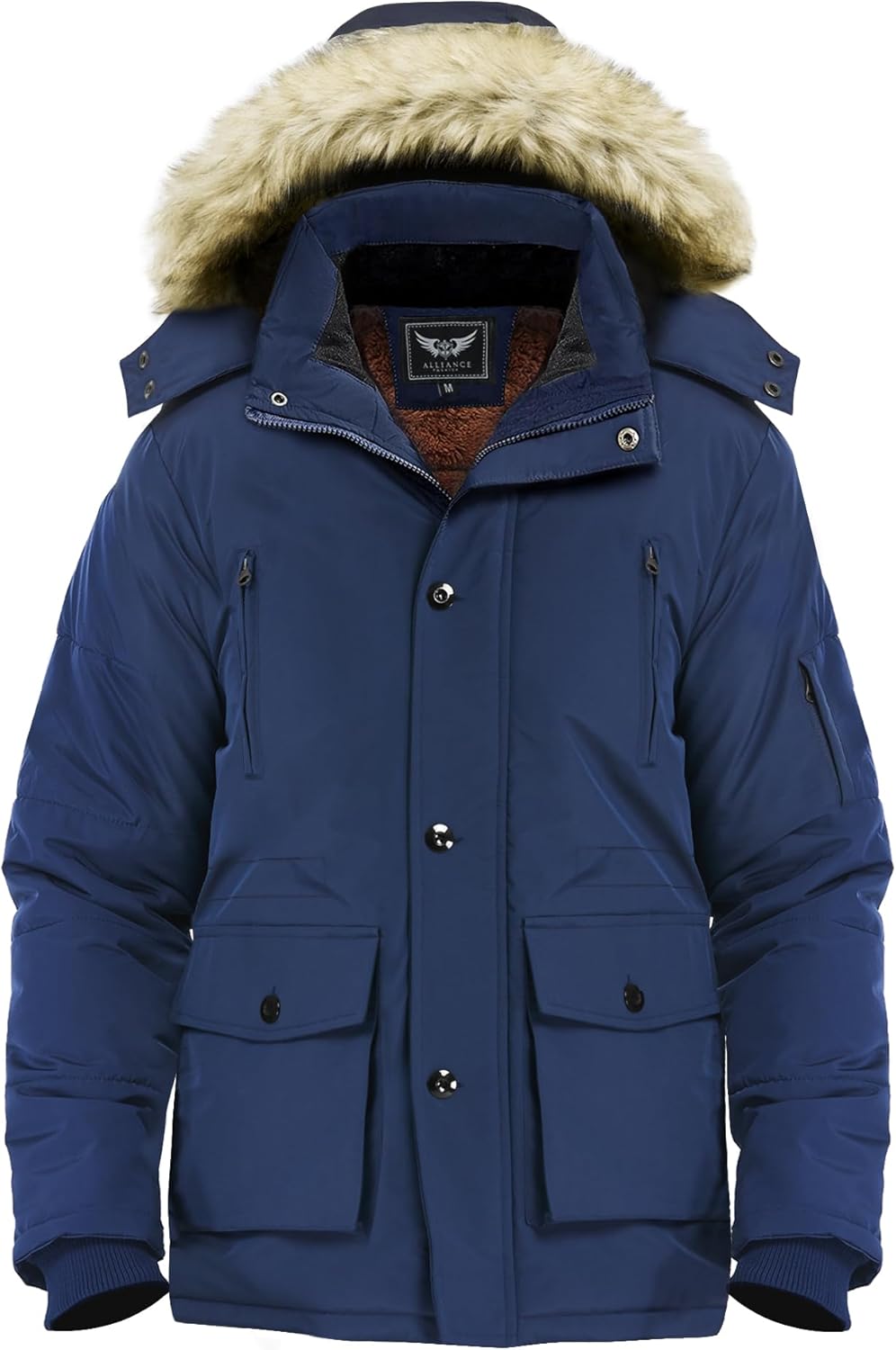 Blaue Winterjacke mit Kapuze und Kunstfellbesatz, warm, wasserdicht, Herrenmode.