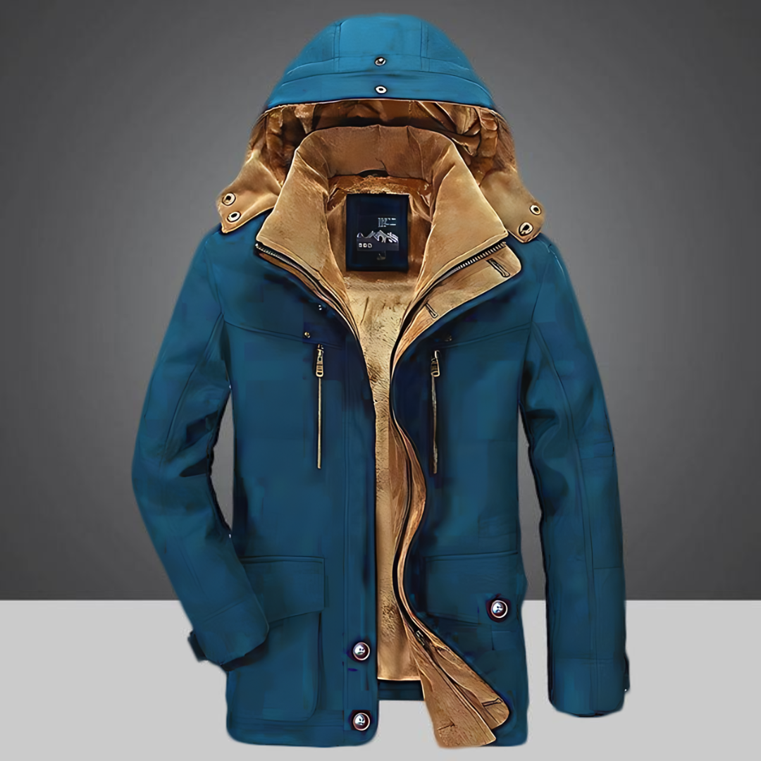 Blaue Herrenjacke mit Kapuze, Reißverschluss, Taschen, warmes Innenfutter, Wintermode.