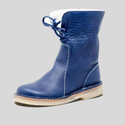 Blaue Lederstiefel mit Schnürung, Damenmode, handgefertigt, rutschfeste Sohle.