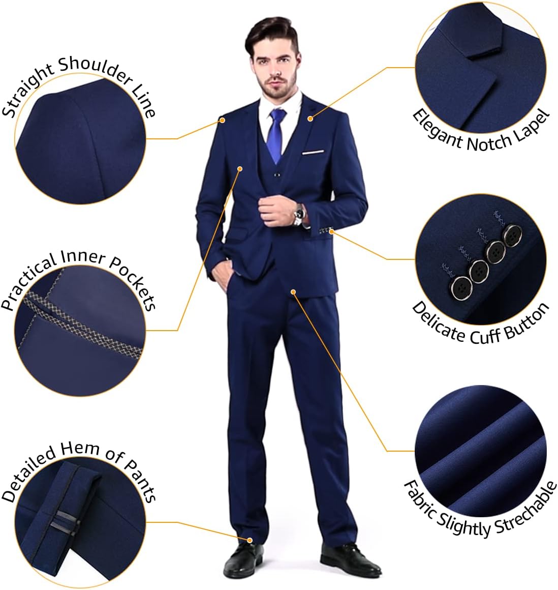 Eleganter dunkelblauer Herrenanzug, Notch-Revers, praktische Innentaschen, dehnbarer Stoff.