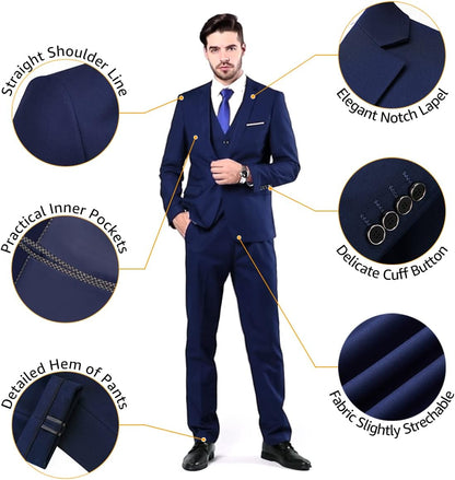 Eleganter dunkelblauer Herrenanzug, Notch-Revers, praktische Innentaschen, dehnbarer Stoff.