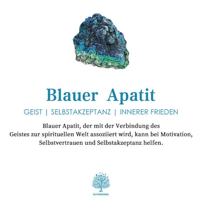 Blauer Apatit Kristall, spirituelle Heilung, Motivation, Selbstvertrauen, innerer Frieden.