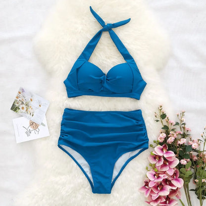 Blauer Bikini-Set mit hoher Taille, Blumen, Sommermode, Damen-Bademode, Strandkleidung.