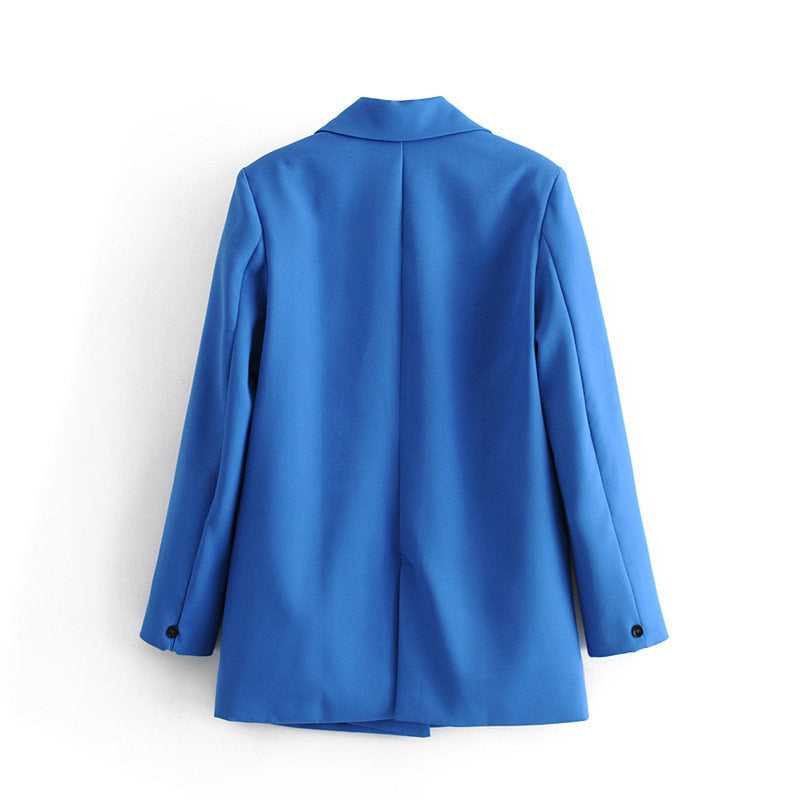 Blauer Damenblazer, eleganter Schnitt, langärmelig, modische Damenbekleidung, Rückansicht.