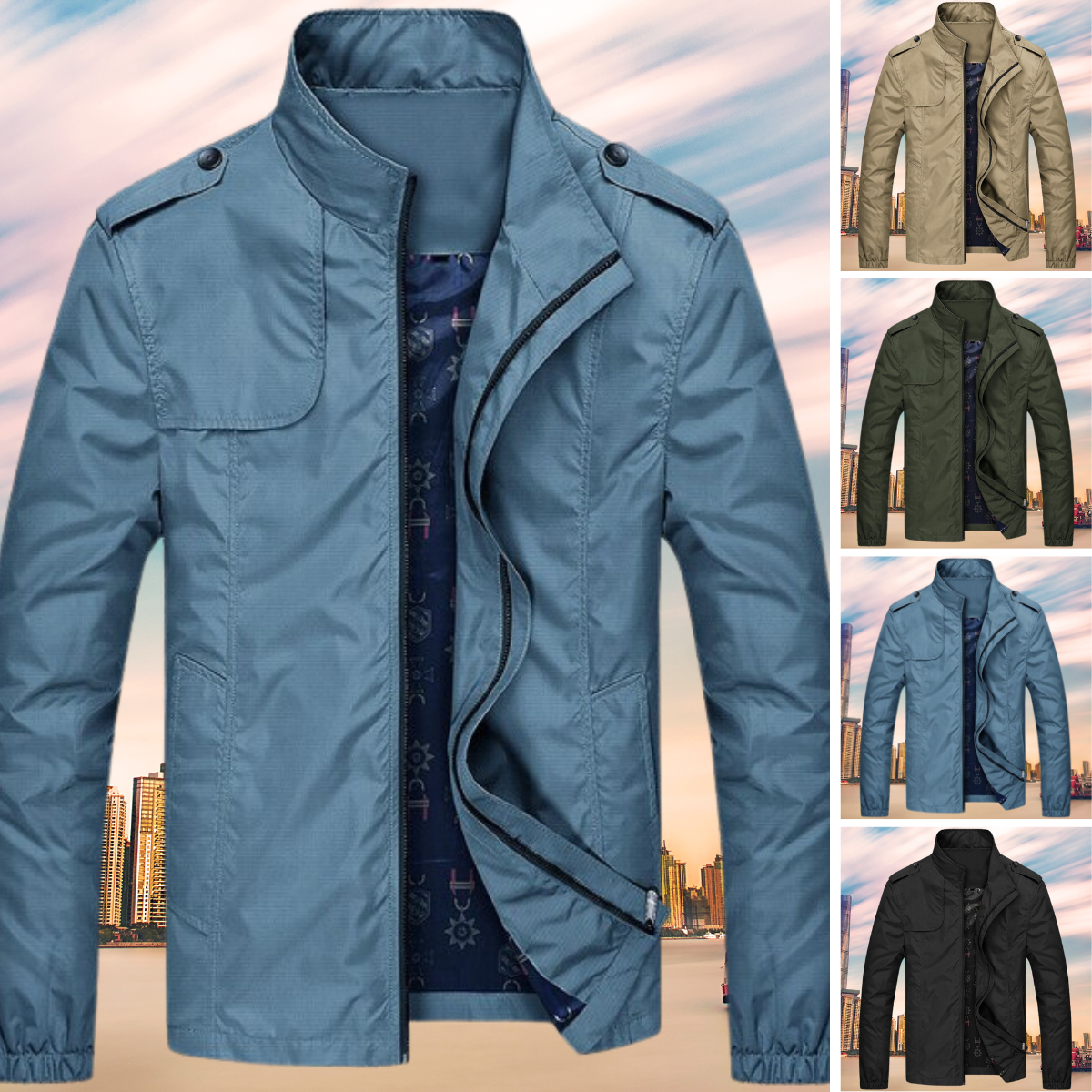 Herren Bomberjacke, blau, wasserabweisend, Reißverschluss, modisch, vielseitig, Freizeitkleidung.