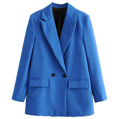 Blauer Damenblazer, zweireihig, elegant, modisch, Büro-Outfit, Herbstmode, Polyester.