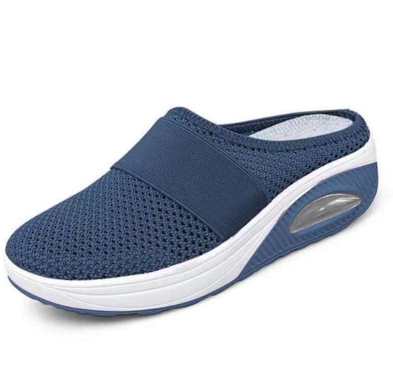 Blauer Damen-Clog mit Mesh-Obermaterial, rutschfeste Sohle, bequem, atmungsaktiv.