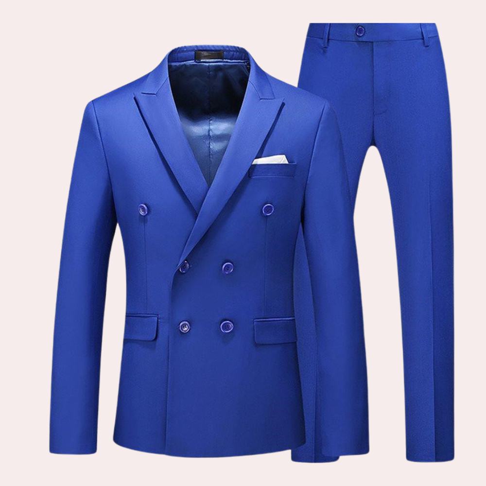 Blauer Herrenanzug, doppelreihig, elegant, mit Einstecktuch, ideal für formelle Anlässe.
