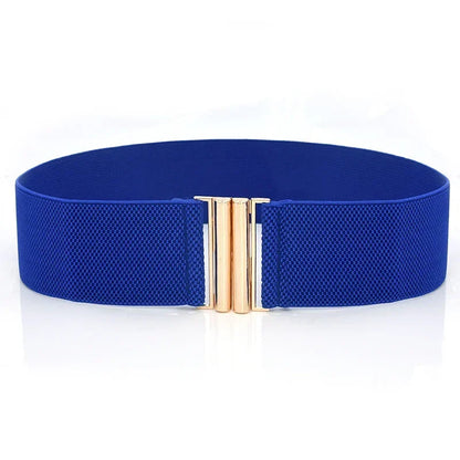Blauer elastischer Gürtel mit goldener Schnalle, modisches Accessoire für Damen.