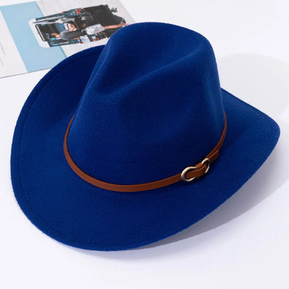 Blauer Filzhut mit braunem Lederband, modisches Accessoire, Cowboy-Stil, Unisex.