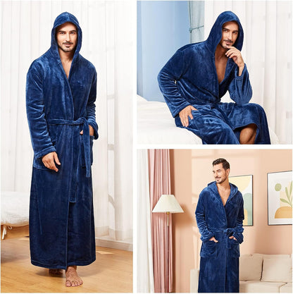 Männer Bademantel mit Kapuze, dunkelblau, Fleece, weich, gemütlich, ideal für Zuhause.