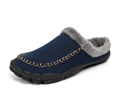 Dunkelblauer Herren-Hausschuh mit grauem Kunstfellfutter, rutschfeste Sohle, bequem, warm.