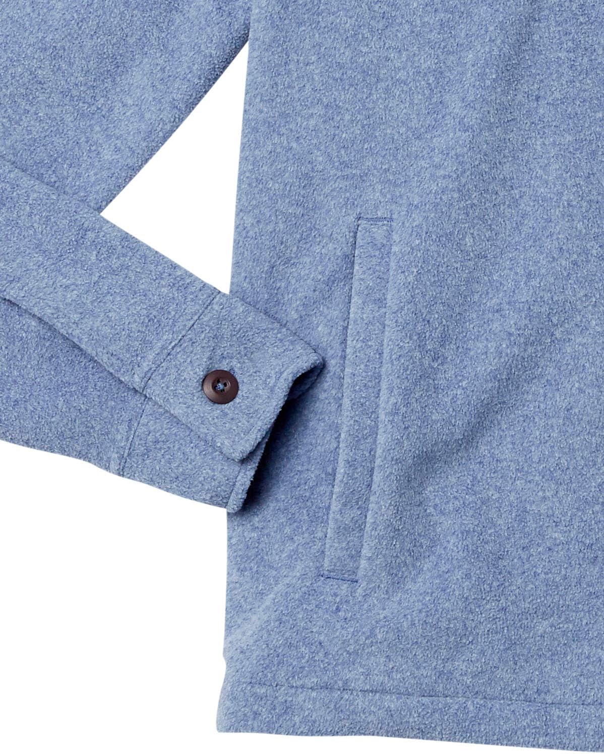 Hellblauer Fleece-Pullover mit Knopfmanschette, weiches Material, Herrenmode.