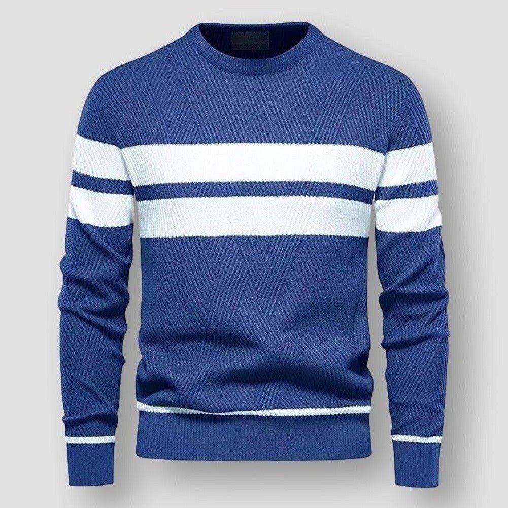 Blauer gestreifter Pullover, Herrenmode, gemütlich, Baumwolle, Saint Martin, Winterkleidung.