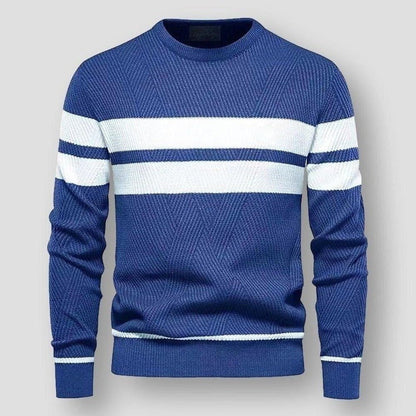 Blauer gestreifter Pullover, Herrenmode, gemütlich, Baumwolle, Saint Martin, Winterkleidung.