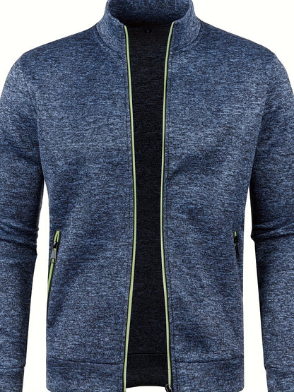 Dunkelblaue Herren-Sweatjacke mit Reißverschluss, Stehkragen, sportlich, bequem, modisch.