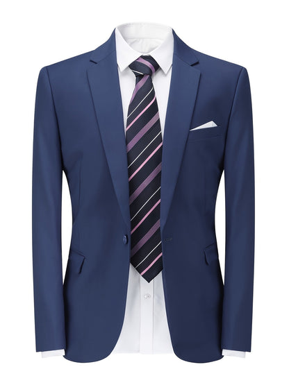Dunkelblauer Anzug mit weißem Hemd und gestreifter Krawatte, Herrenmode, formelle Kleidung.