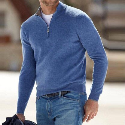 Blauer Herrenpullover mit Reißverschluss, Langarm, Baumwolle, Freizeitmode, stilvoll, bequem.