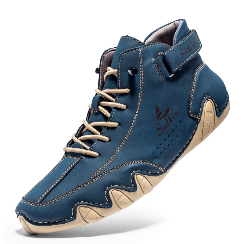 Blaue Herren-Freizeitschuhe aus Leder mit beiger Sohle, modisches Design, bequem.