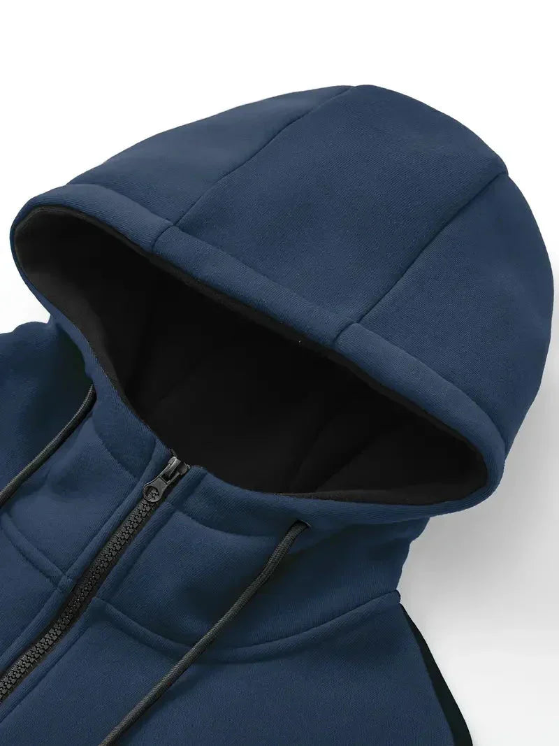 Dunkelblauer Kapuzenpullover aus Baumwolle, Reißverschluss, sportlich, Herrenmode.
