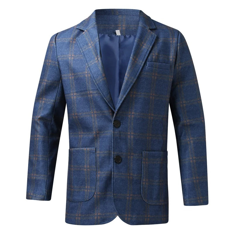 Blauer kariertes Herren-Sakko, Wollmischung, klassischer Schnitt, modisches Design.