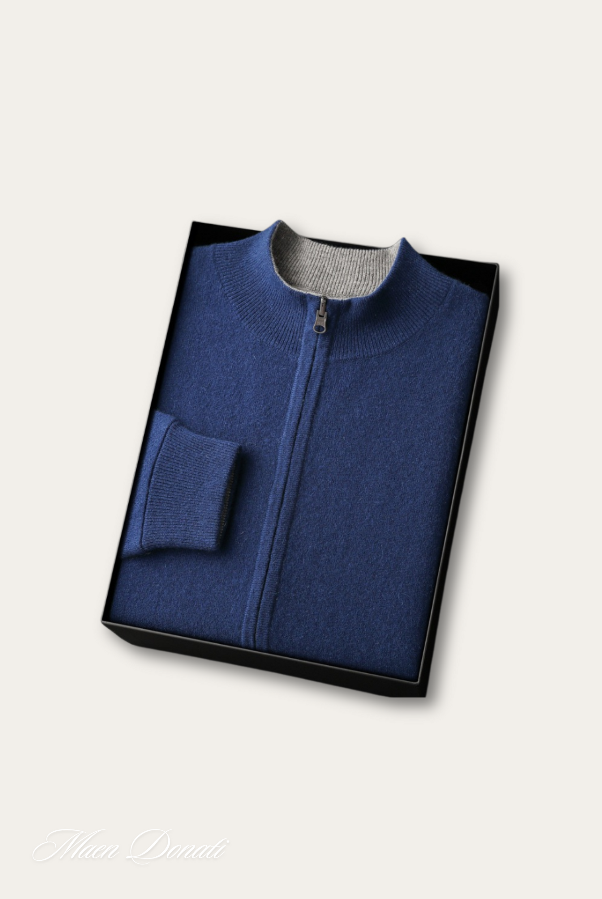 Blauer Kaschmirpullover mit Reißverschluss in Geschenkbox, Herrenmode, luxuriös, weich.