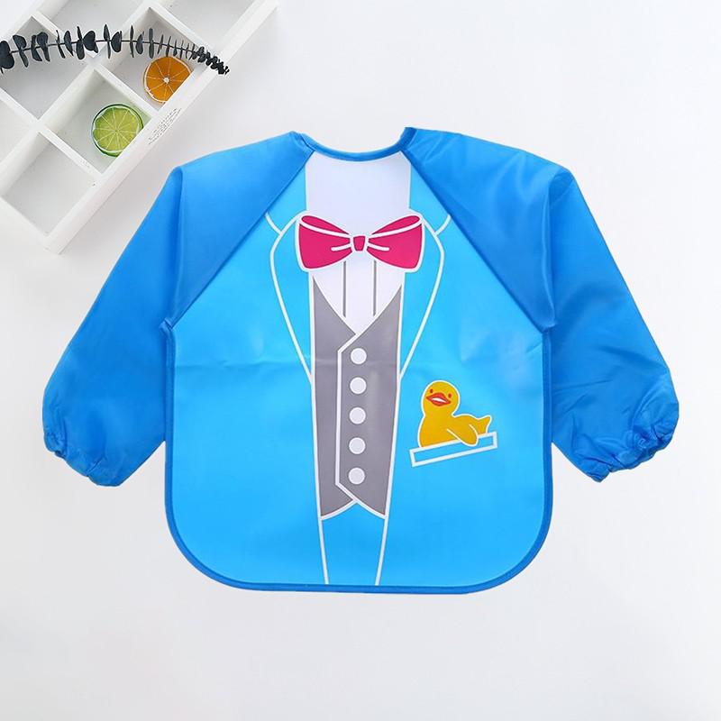 Blauer Kinder-Lätzchen mit Entenmotiv, Anzug-Design, wasserdicht, langärmlig, Essensschutz.