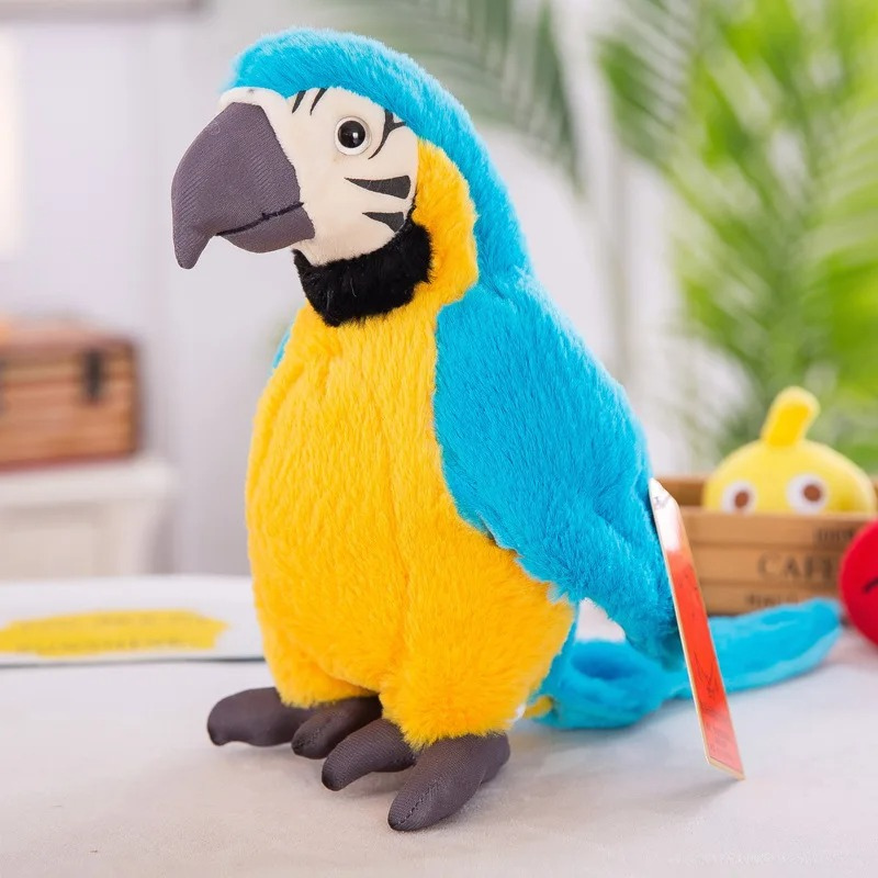 Blauer und gelber Plüschpapagei, weiches Spielzeug, Kinderzimmer-Dekoration, Geschenkidee.