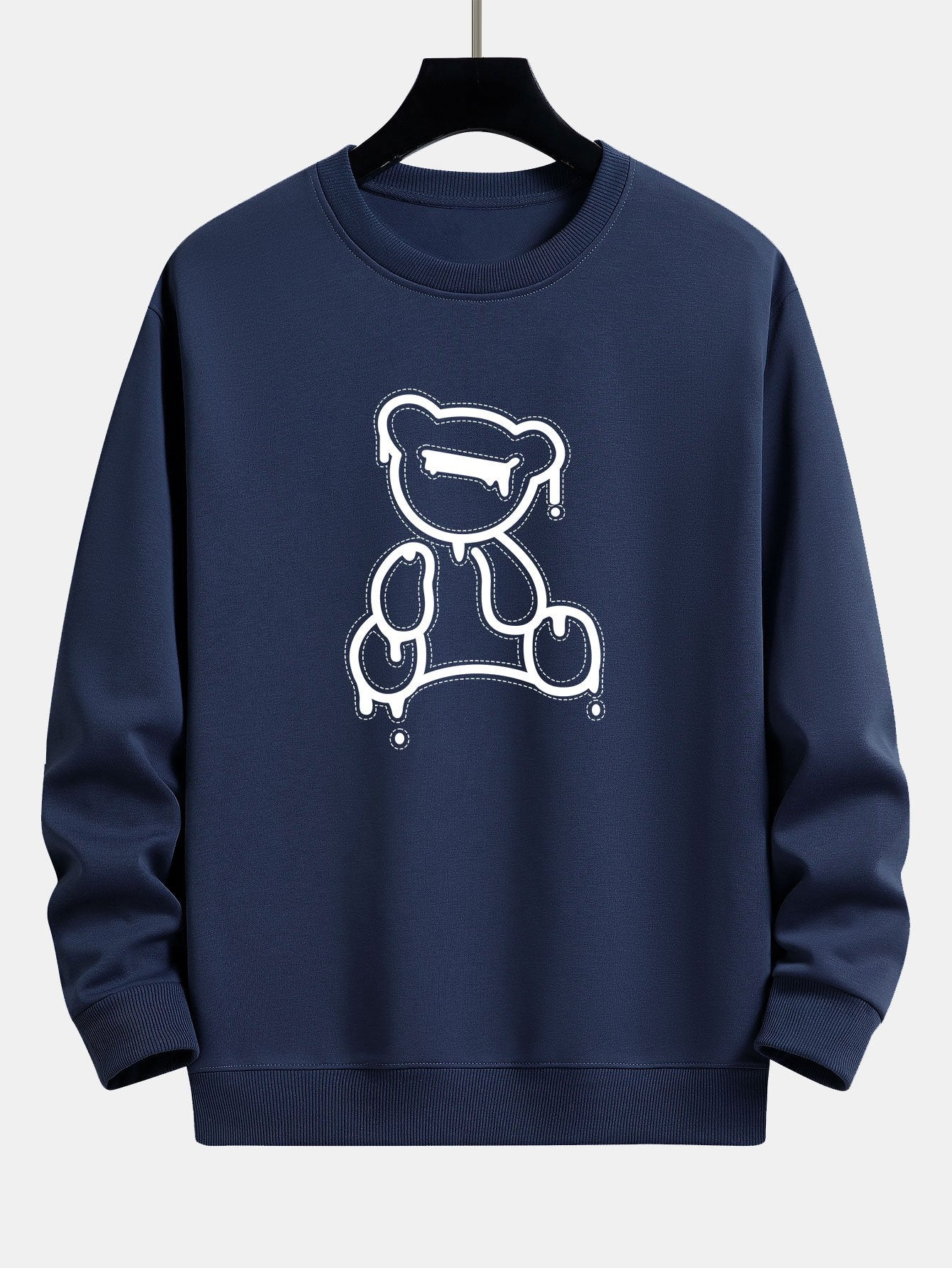 Dunkelblauer Pullover mit weißem Bärenmotiv, Unisex, Baumwolle, modisch, lässig, Herbstmode.