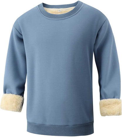 Blauer Damenpullover mit Plüschfutter, langärmelig, warm, bequem, modisch.