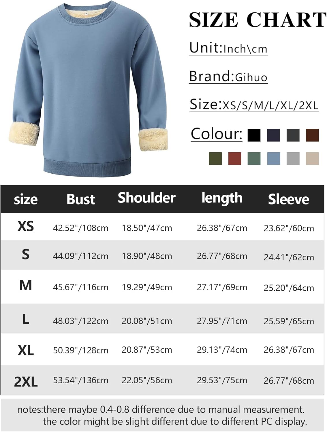 Größentabelle für Gihuo Pullover, blau, Unisex, Größen XS-2XL, Baumwolle, mit Farbauswahl.