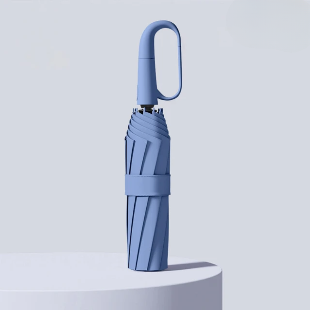 Blauer kompakter Regenschirm mit Haken, faltbar, winddicht, stilvolles Design.