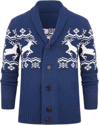Blauer Strickcardigan mit Rentiermuster, Knöpfen, Wintermode, Herrenbekleidung.