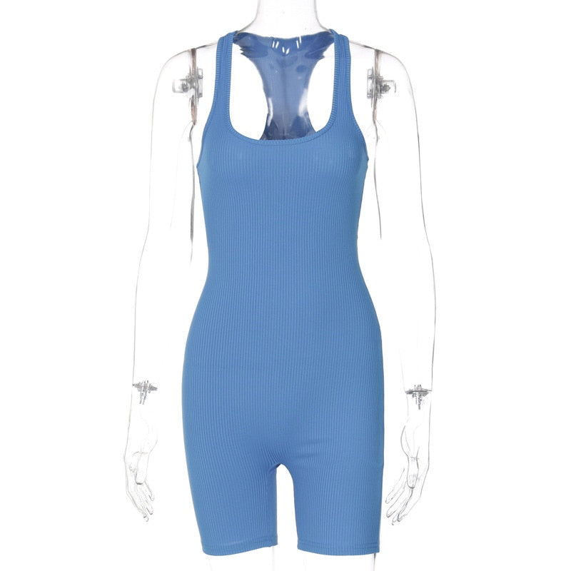 Blauer ärmelloser Jumpsuit Damen, gerippt, sportlich, bequem, elastisch, Freizeitmode.