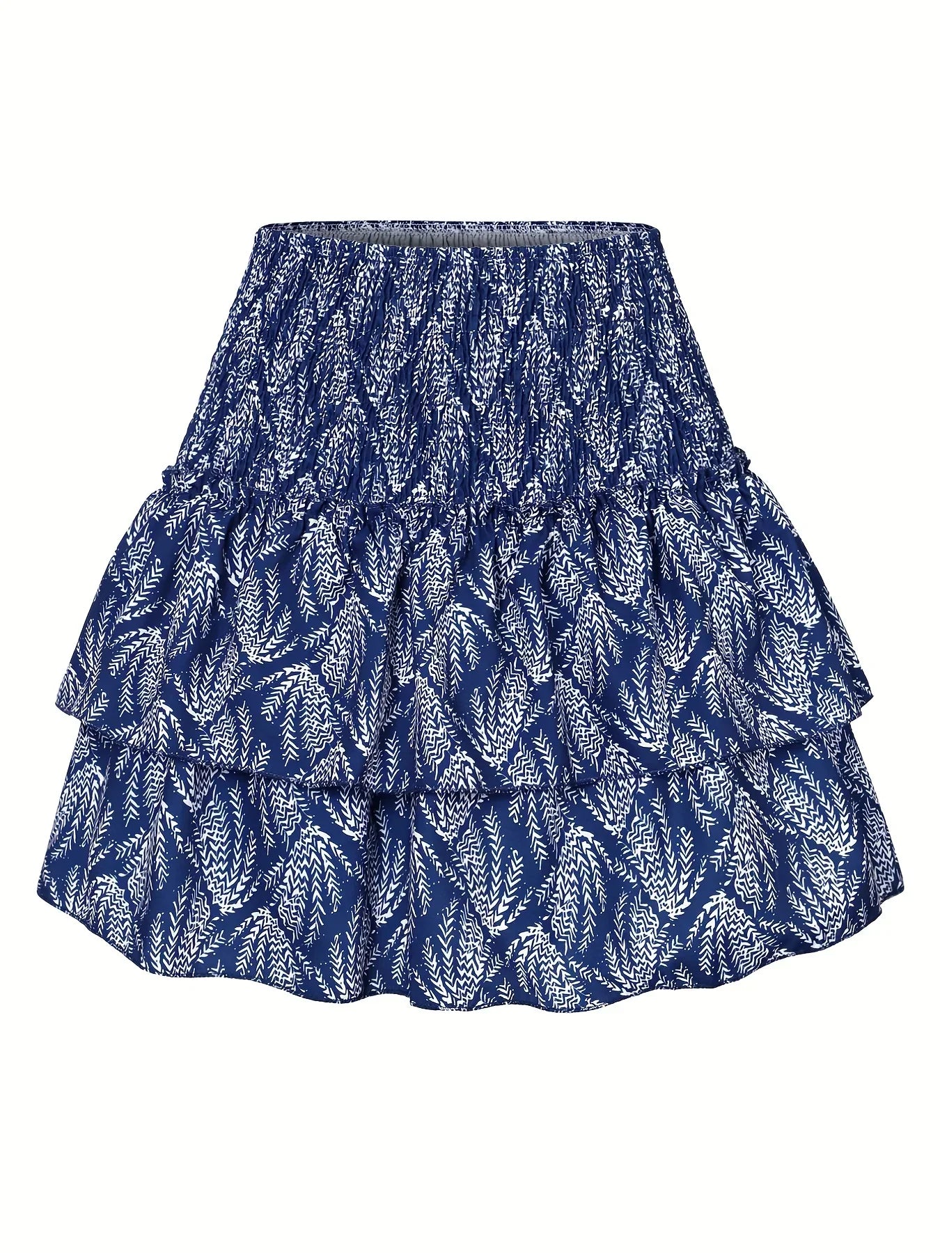Blauer Damenrock mit weißem Blattmuster, Rüschen, Sommermode, Baumwolle, knielang.