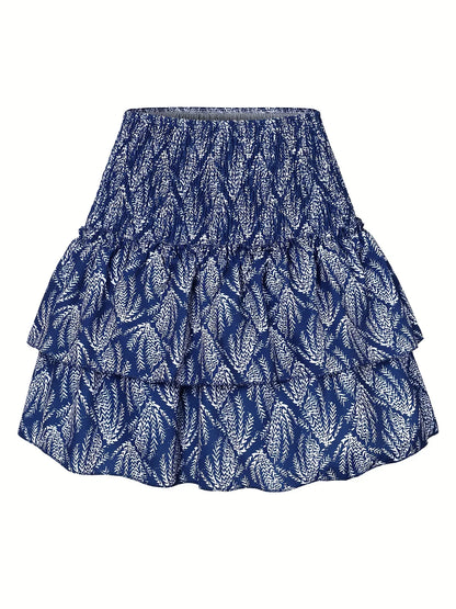 Blauer Damenrock mit weißem Blattmuster, Rüschen, Sommermode, Baumwolle, knielang.