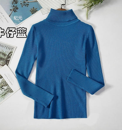 Blauer Rollkragenpullover aus Strickstoff, langärmelig, modisch, für Damen, Herbstmode.