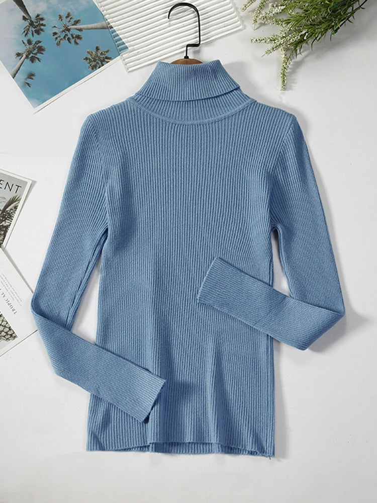 Blauer Rollkragenpullover Damen, gerippt, langärmelig, Baumwolle, modisch, elegant.