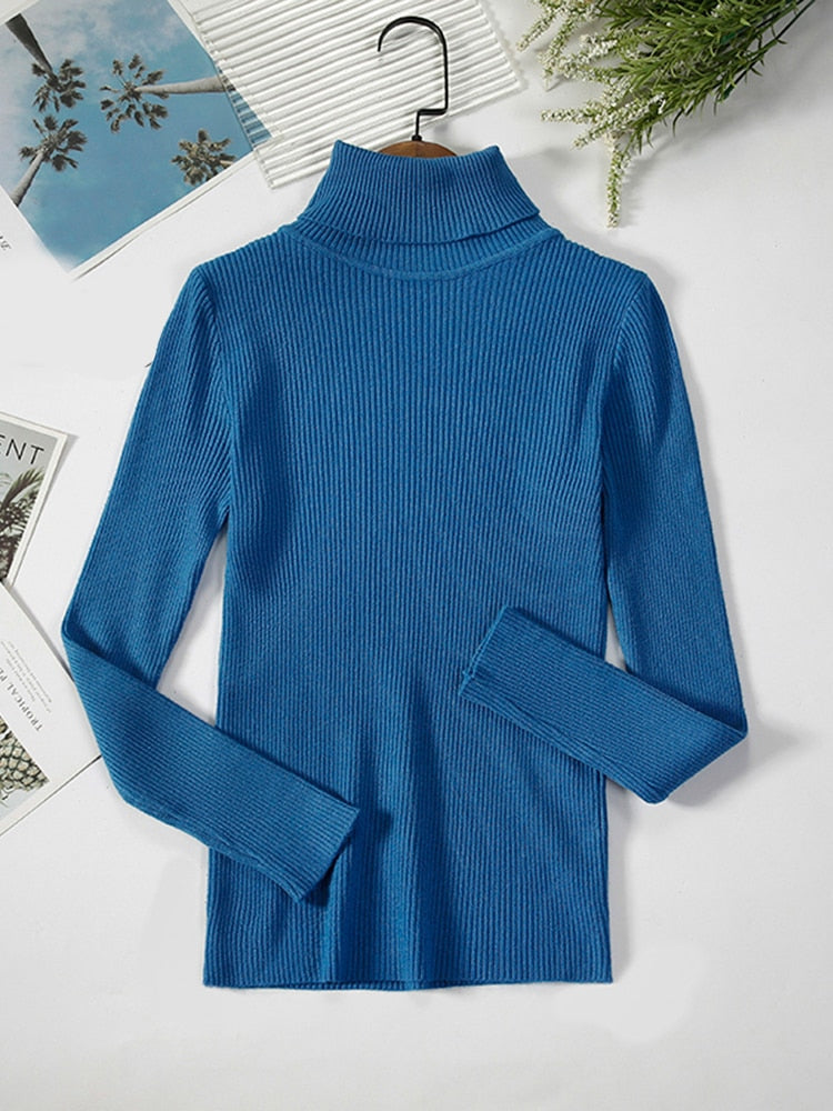 Blauer Rollkragenpullover Damen, gerippt, langärmelig, modisch, Herbstmode, Baumwolle.