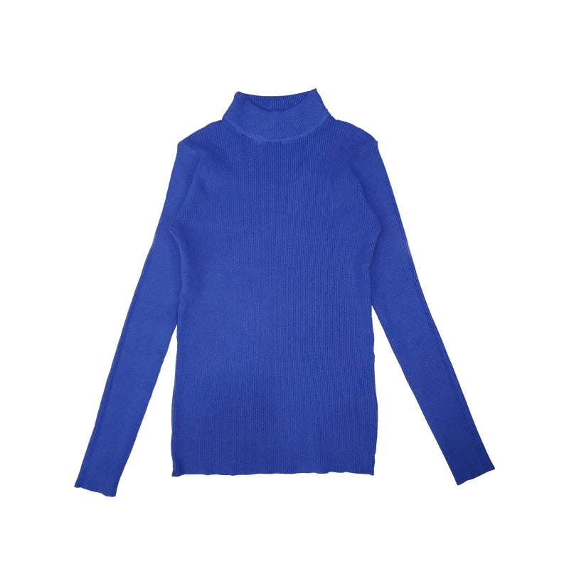 Blauer Rollkragenpullover Damen, langärmelig, Strick, modisch, warm, Winterkleidung.