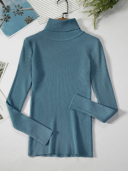 Blauer Rollkragenpullover Damen, gerippt, langärmelig, Baumwolle, modisch, Herbstmode.