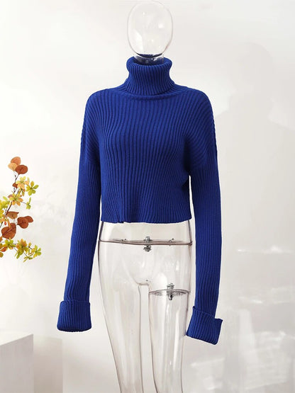 Blauer Rollkragenpullover Damen, gerippt, langärmelig, Herbstmode, Strick, elegant.