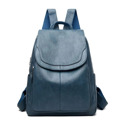 Blauer Lederrucksack, modisch, vielseitig, ideal für Reisen und Alltag, Damen-Accessoire.