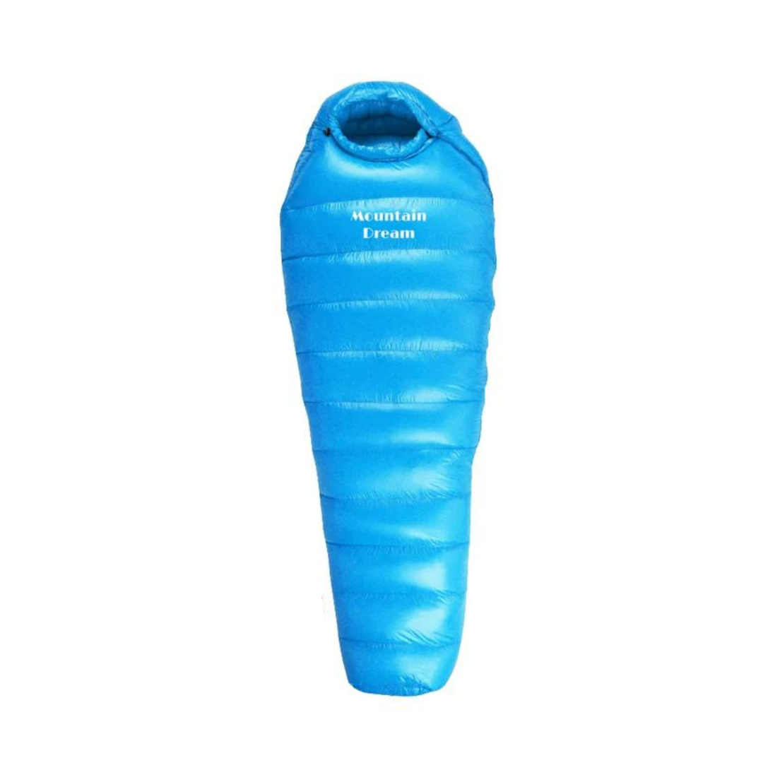 Blauer Daunenschlafsack für Camping, Mumienform, isoliert, leicht, Outdoor-Ausrüstung.