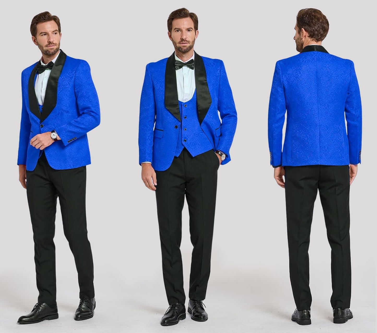 Mann im blauen Smoking mit schwarzer Fliege und Weste, eleganter Anzug für formelle Anlässe.