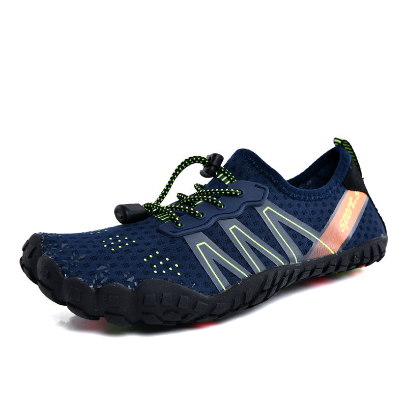 Dunkelblauer Barfußschuh mit rutschfester Sohle, atmungsaktivem Mesh, ideal für Outdoor-Aktivitäten.