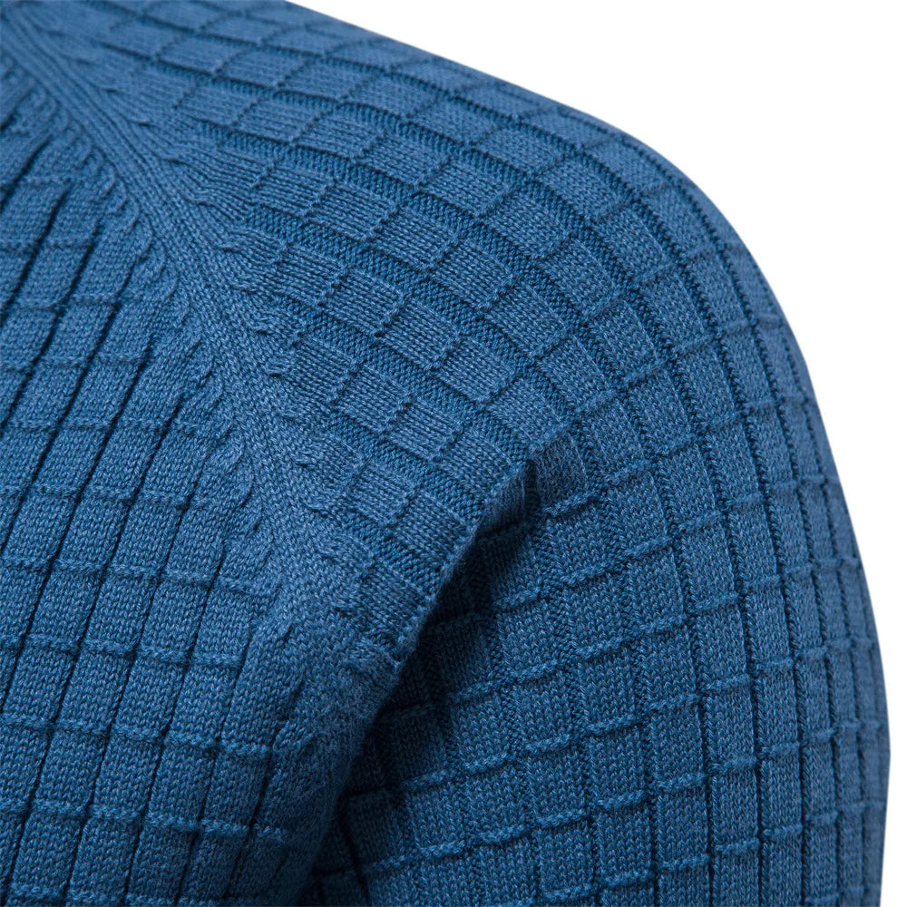 Blauer Strickpullover mit Karomuster, Baumwolle, modisch, warm, Herrenbekleidung.
