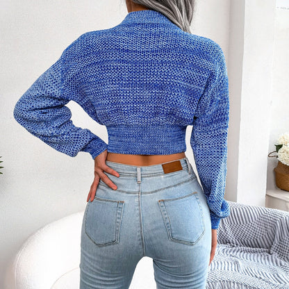 Frau in blauem Strickpullover und Jeans, modisch, lässig, Rückansicht, Wohnzimmer.